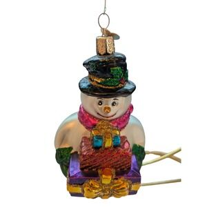 Old World Christmas Ornament Snowman Glitter Wreath And Present‎ Blown Glass Vtg